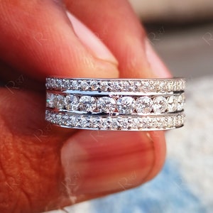 Three Row Half Eternity Wedding Band, 3 Row Moissanite Diamond Bands For Women, Anniversary Band Ring, Bridal Wedding Ring, Stacking Ring