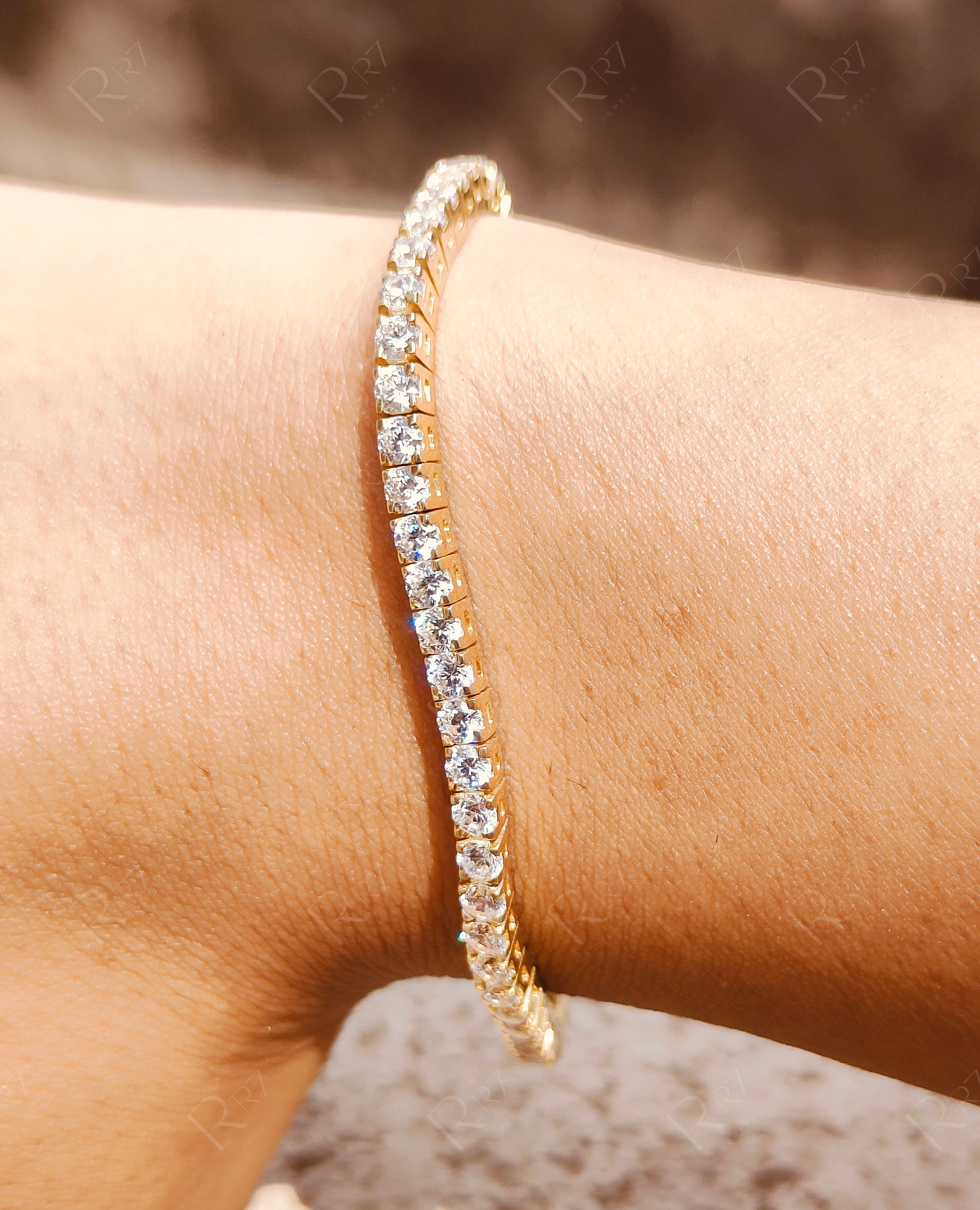 Yellow Gold Plated Pave Moissanite Tennis Bracelet, 3mm Round Cut 