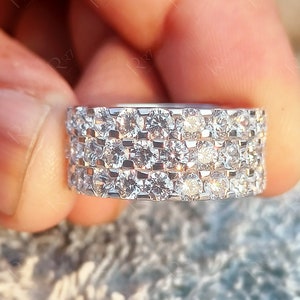 9mm Wide Full Eternity Band, Moissanite Wide Wedding Band, Three Row Anniversary Rings, 925 Silver & 10K Gold Thick Diamond Band For Women