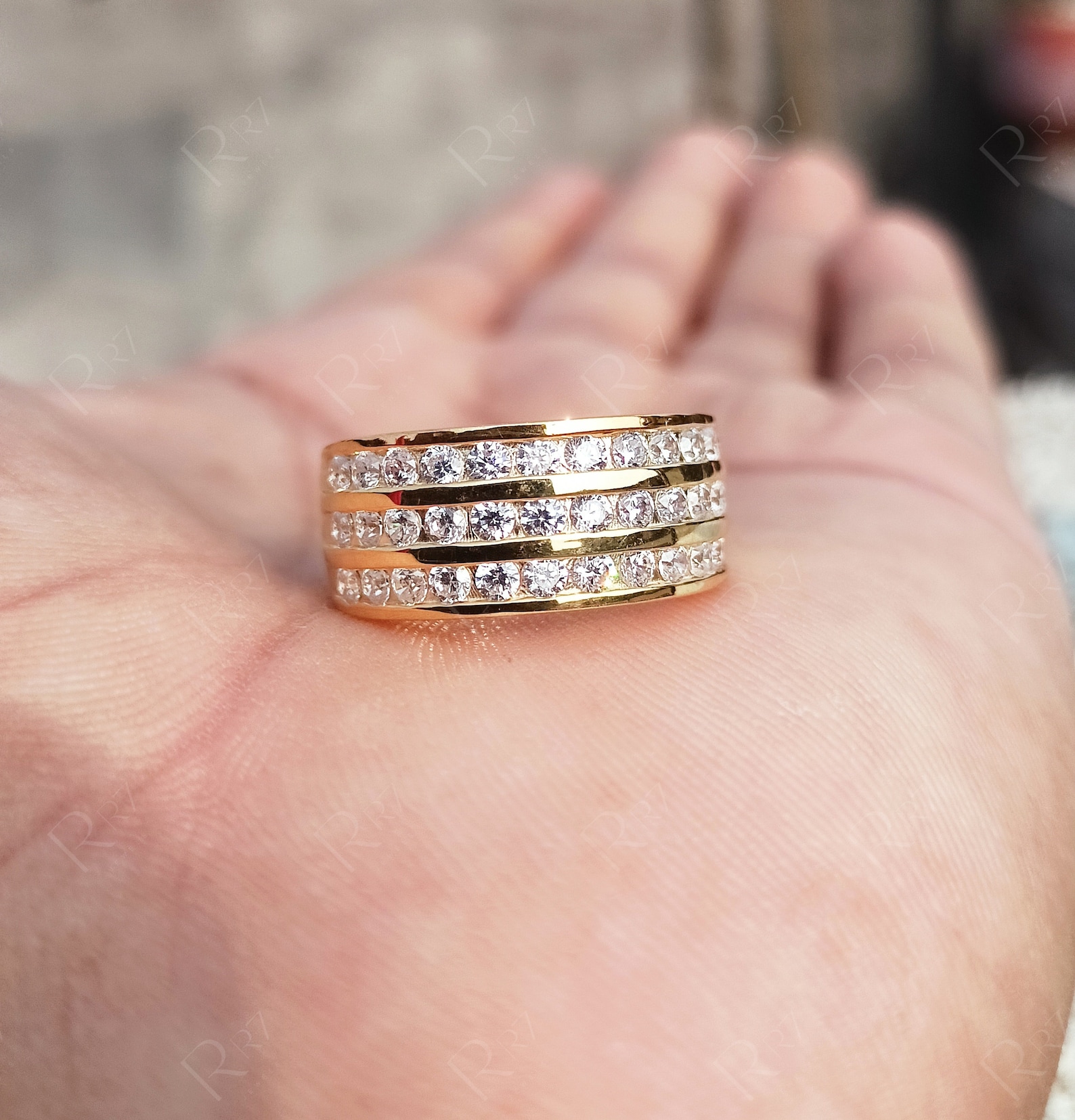 10K Yellow Gold Moissanite Wide Band Rings for Women, Three Row ...