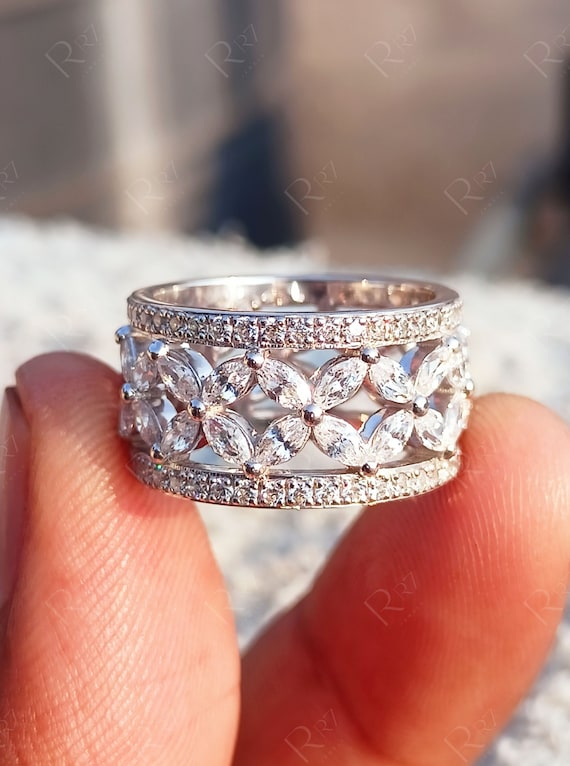 Marquise Flower Wide Band Rings For Women, Thick Moissanite Wedding Anniversary Band, Right Hand Ring