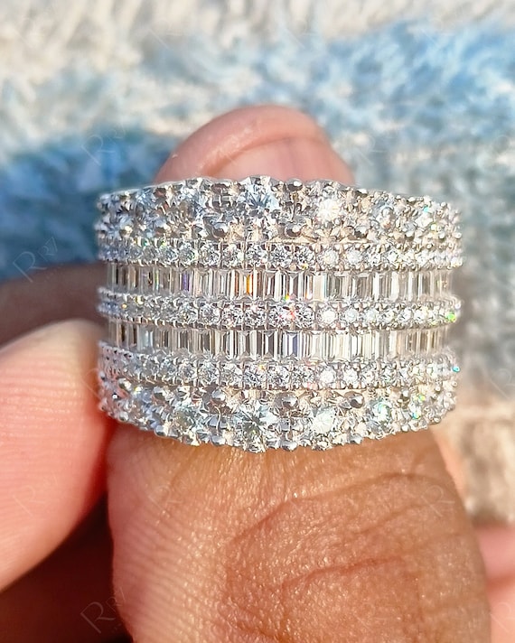 Moissanite Thick Anniversary Band, Unique Chunky Wide Band Rings For Women, Art Deco Bands