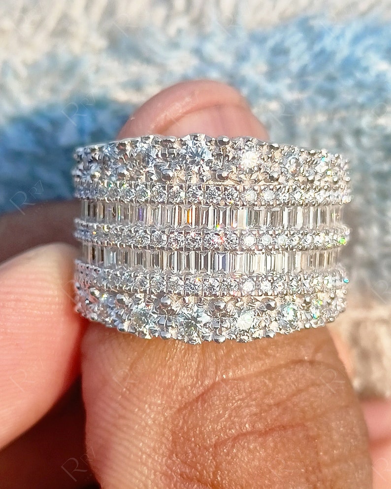 Moissanite Thick Anniversary Band, Unique Chunky Wide Band Rings For Women, Art Deco Bands