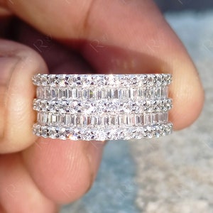 5 Row Baguette And Round Moissanite Anniversary Rings, Wide Wedding Bands Women, Multi Row Thick Half Eternity Band, 10K Gold Promise Ring