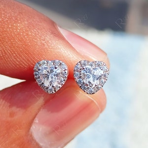 Heart Cut Halo Stud Earrings, Moissanite Heart Cut Studs, Wedding Earrings For Women, 10K Gold & Silver Studs, Bridesmaid Gifts