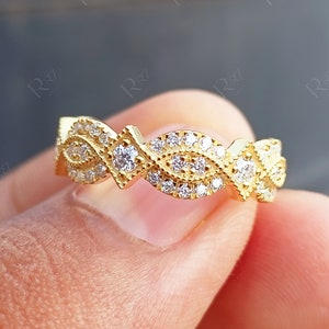 Art Deco Milgrain Wedding Bands Women Unique Milgrain Vintage Band 14K Yellow Gold Moissanite Bridal Promise Ring