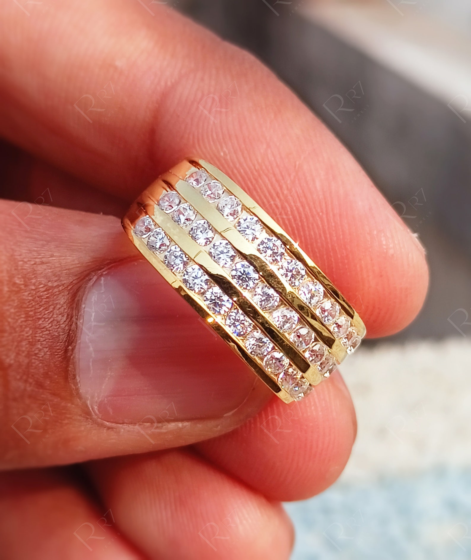 10K Yellow Gold Moissanite Wide Band Rings for Women, Three Row ...