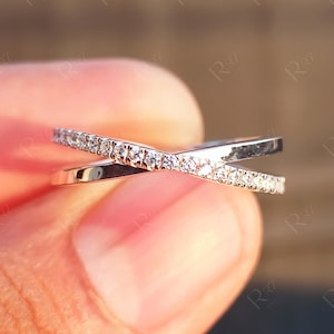 14K White Gold Criss Cross Statement Ring For Women, X Double Row Crossover Ring, Pave Moissanite Criss Cross Wedding Band