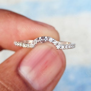 Contour Wedding Bands Women, Curved Stackable Rings, Moissanite Pave Arched Band, Matching Band For Bridal, Dainty Stacking Ring
