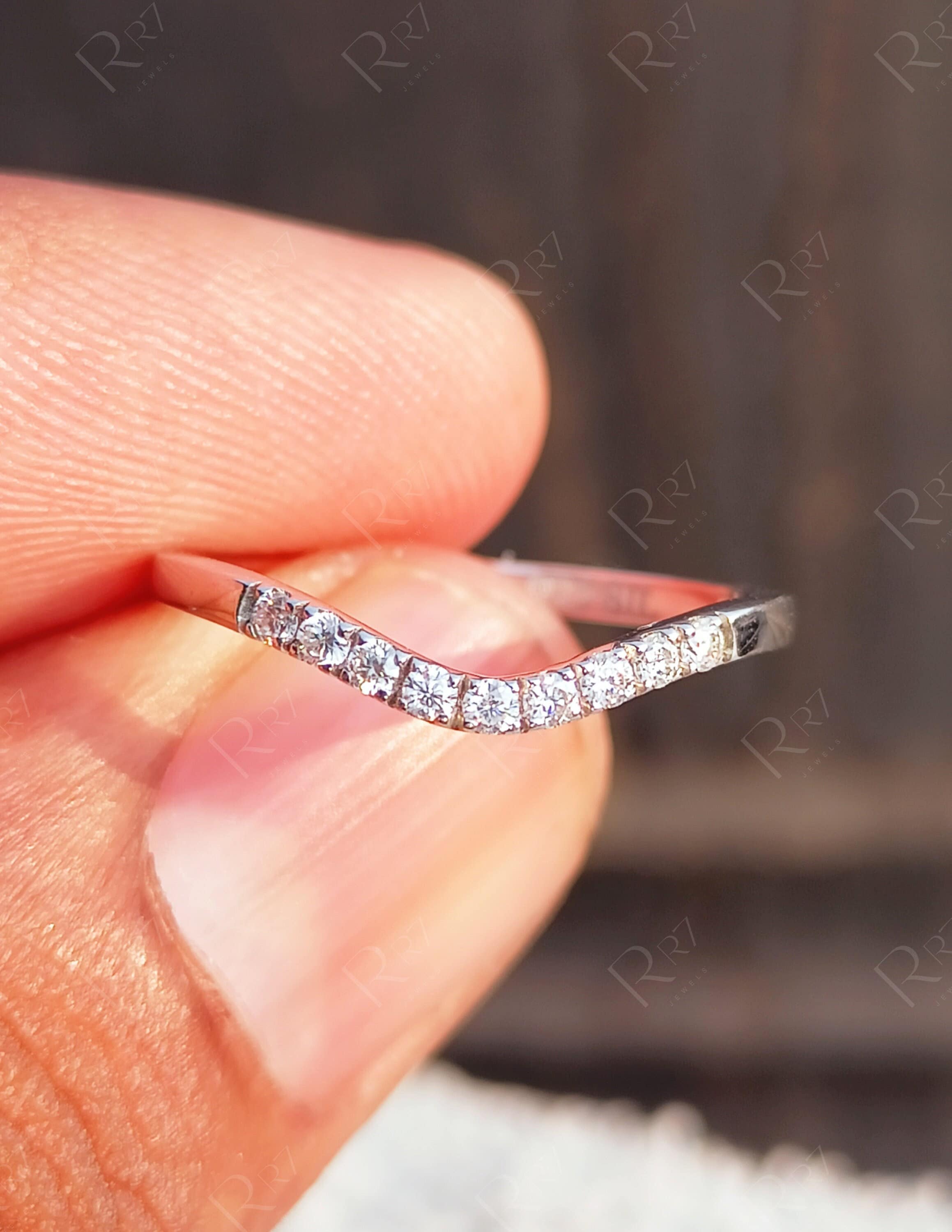 10K White Gold Moissanite Curved Wedding Bands Women, Contour Stacking Band, Bridal Matching Band For Ring, Arched Minimalist Ring
