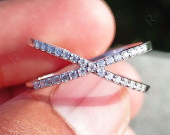 Anillo de bodas cruzado para mujer, anillo llamativo de oro blanco de 14 quilates con diseño entrecruzado, alianzas de aniversario con moissanita, alianza de promesa de doble fila en forma de X.