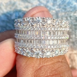 Einzigartiger klobiger breiter Bandring, Moissanit-Cocktail-Jubiläumsringe, mehrreihige Diamant-Art-Deco-Band, breite Verlobungsring, dicke Band