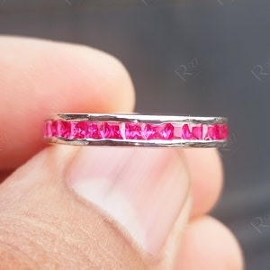 Channel Set Ruby Wedding Bands For Women, Stackable Anniversary Rings, Full Eternity Princess Cut Band, July Birthstone Ring, Ring For Mom