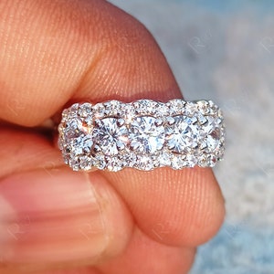Moissanite 5 Stone Halo Anniversary Rings, Unique Five Stone Wedding Band Women, Round Stone Promise Ring For Her, Wide Engagement Band