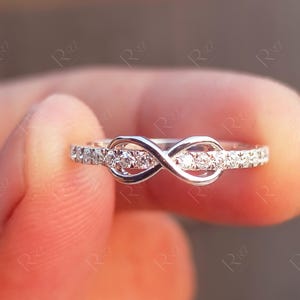 14K White Gold Infinity Promise Rings For Women, Pave Moissanite Wedding Band, Minimalist Stackable Ring, Half Eternity Infinity Ring