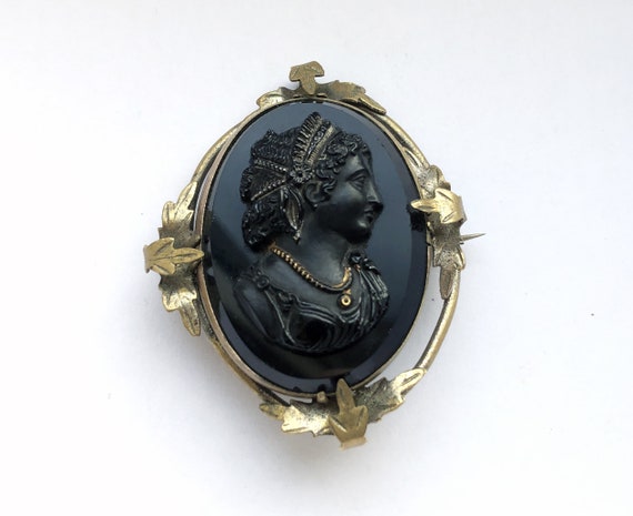 Antique Victorian Cameo Brooch Black Glass and Me… - image 1