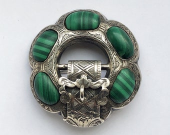 Scottish jewellery - Rare malachite & sterling silver antique Victorian brooch