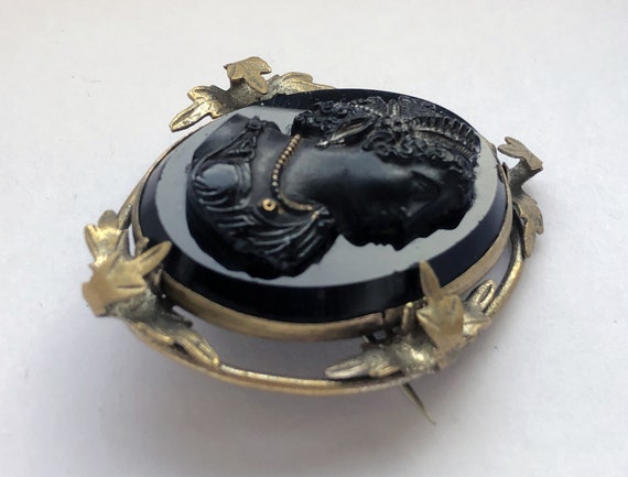 Antique Victorian Cameo Brooch Black Glass and Me… - image 2