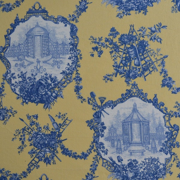 35 Yds Avail / Bright Blue on Bright Yellow / Vintage, 100% Cotton, Garden Toile / Medium Weight Broadcloth #16