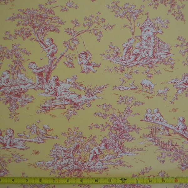 10 Yds Available / Vintage Central Park Toile in Yellow and Red / P. Kaufmann Decorator Fabric / 100% Cotton / Light Weight  #11