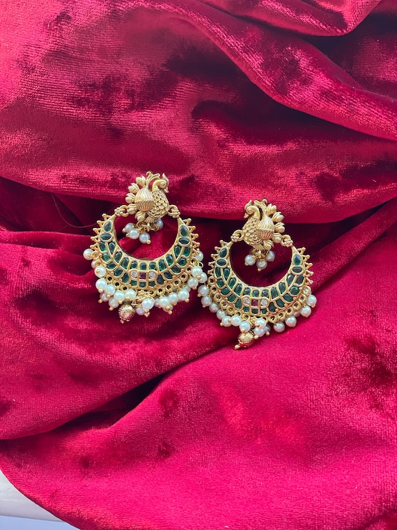 Chandbali Earrings Peacock Design Clustered Pearls Gold Polish Designer Jewellery Indian Pakistani Wedding Bollywood Style Bridesmaid