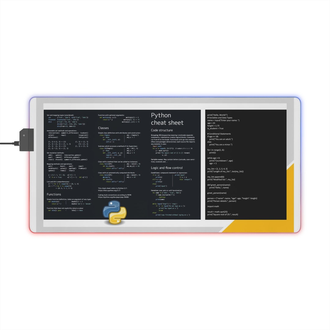 Python Cheat Sheet LED Mouse Pad - Etsy