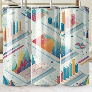 以下が含まれることがあります： カラフルなデータ分析デザインのステンレス製タンブラー。ラップアラウンドグラフィックは、青、黄、オレンジ、ピンクの色合いのチャート、グラフ、図で構成されています。タンブラーにはストローが付属しており、高さは約20cmです。