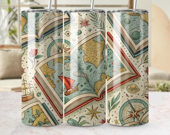 Diseño de vaso térmico con mapa antiguo: diseño de brújula náutica vintage, diseño de vaso térmico delgado de 20 oz en formato PNG (descarga digital).