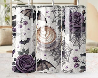 Gothic Halloween Tumbler Wrap: Bat, Rose, Spiderweb Design (Digital Download), 20oz Skinny Tumbler Wrap PNG
