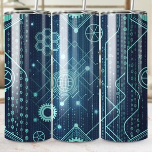 May include: Three stainless steel tumblers with a digital circuit design. The design features a dark blue background with light blue geometric shapes, including gears, hexagons, and a globe. Each tumbler has a silver straw.