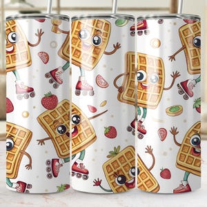 May include: A white tumbler featuring a repeating pattern of smiling cartoon waffles on roller skates, strawberries, and fruit slices. The tumbler has a silver lid and a straw. A fun, whimsical design for a drinkware item.
