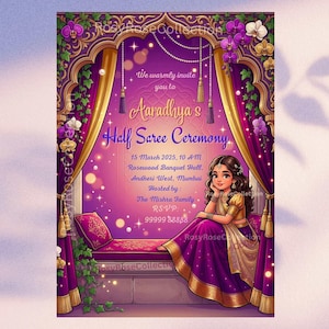 May include: An invitation card for Aaradhya's Half Saree Ceremony. The design features a cartoon illustration of a girl in traditional Indian attire, seated on a cushion. The card has a purple and gold color scheme with text that includes the date, time, and location.