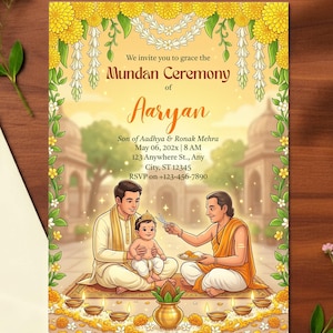 Könnte beinhalten: Eine farbenfrohe Einladung zur Mundan-Zeremonie von Aaryan, mit einer Illustration einer traditionellen Zeremonie. Die Einladung enthält Datum, Uhrzeit und Ort, mit floralen und dekorativen Elementen. Ein cremefarbener Umschlag und Blumen liegen auf einer Holzoberfläche.