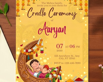 Royal Cradle Ceremony invitation, hindu baby cradle,jhula Naming Ceremony,Indian Baby,Marigold Garland  printable Editable Canva template