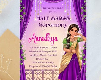 Halbe Saree-Einladung, südindische Pubertätszeremonie, südindische halbe Saree-Karte, bearbeitbare Canva