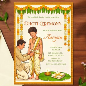 May include: An illustrated invitation for a Dhot Ceremony, with a boy and a man in traditional clothing. The invitation includes the text "DHOTI CEREMONY" and details such as the date, time, and location. The design incorporates floral and decorative elements.