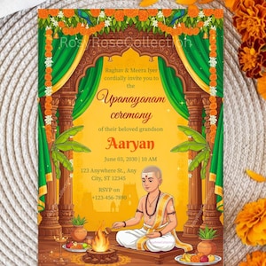 May include: An invitation card for the Upanayanam ceremony, featuring a cartoon illustration of a young boy in traditional attire. The card has a yellow background with green and brown decorative elements, and text that includes the date, time, and RSVP information.