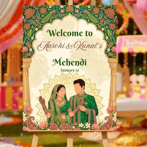 May include: A decorative sign on an easel, announcing a Mehendi ceremony. The sign features the text "Welcome to Aarohi & Kunal's Mehendi January 12" with floral and peacock designs. The illustration depicts a couple in traditional green attire.