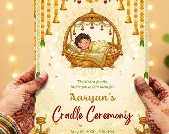 Convite para Cerimônia do Berço Real, berço de bebê hindu, cerimônia de nomeação, guirlanda de calêndulas, modelo editável e imprimível do Canva