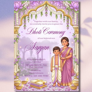 May include: A digital invitation for a Dhoti Ceremony, featuring a mother and son in traditional clothing. The design includes an ornate arch with floral and lotus patterns. The invitation text provides event details and RSVP information.