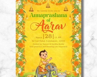 May include: A yellow invitation card with floral and bell decorations. The card reads "Annaprashana of Aarav" with event details. A cartoon illustration shows a child riding an elephant. The card is decorated with orange and white flowers.
