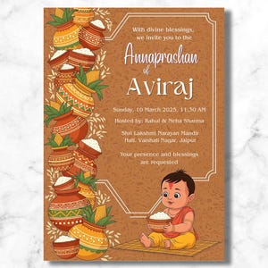May include: A brown invitation card with decorative elements. The card features the text "Annaprashan of Aviraj" and event details. A cartoon illustration of a baby is included. The card is designed for a special occasion.