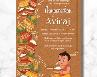 Faire-part Annaprashan, cérémonie de nourrissage du riz, petit garçon indien, carte Annaprasana, invitation rituelle hindoue, toile modifiable, pot traditionnel en argile