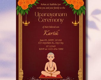 Upanayanam invitation | sacred thread ceremony invite | traditional hindu ceremony card | editable digital invite