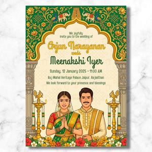 May include: A wedding invitation with a green and gold decorative border. The invitation features illustrations of a couple and floral elements. The text reads "Arjun Narayanan weds Meenakshi Iyer" and includes the wedding date, time, and location.