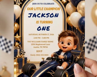 Racing Car Birthday Invitation, First Lap Around the Track, 1st Birthday, Printed or Instant Editable Template