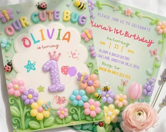 Our Cute Bug Birthday Invitation, Whimsical Cute Bug Birthday Party Invite, Garden Party, Colorful First Birthday Invite Template