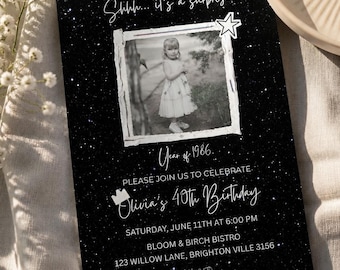 Surprise Birthday Invitation | Milestone Birthday Invite with Photo | stars Retro Photo Invitation | Editable Canva Template childhood