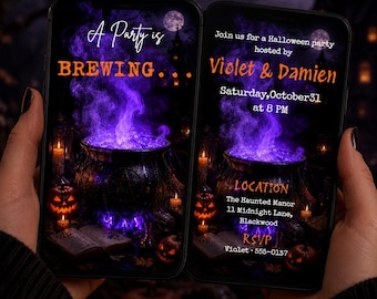A Party is Brewing Halloween Party Animated Video Invitation, Witch Cauldron Green Smoke Theme, Editable Canva Template with Music