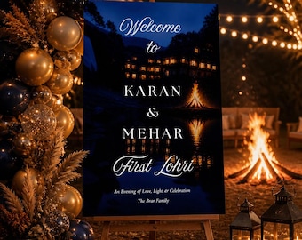 First Lohri Couple Welcome Sign Blue Lohri Bornfire Lohri Night Decor Punjabi Celebration (Editable Canva Template)